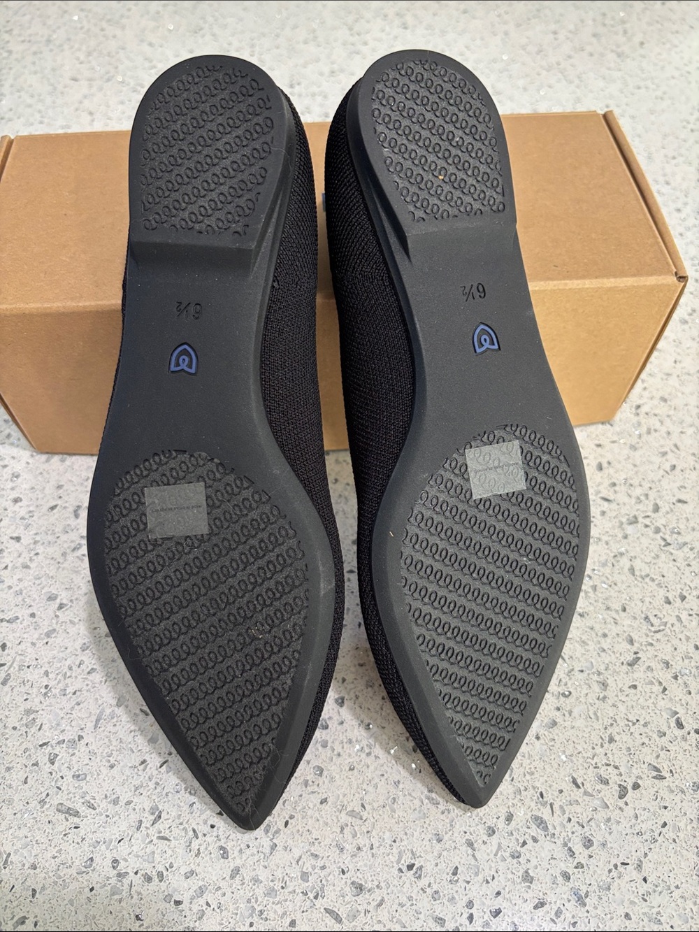 Rothy's Black Pointed Knit Floral-Embellished Flats with Blue Trim - Picture 5 of 6